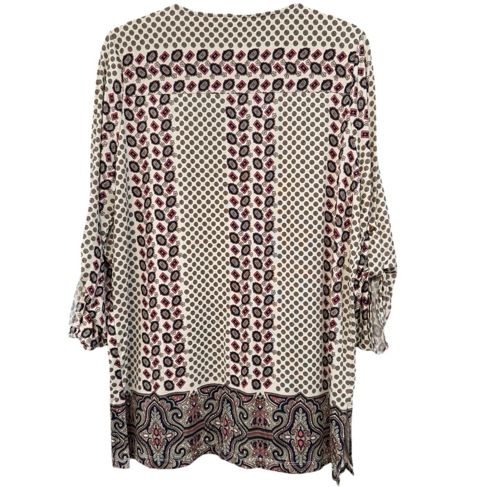 Excellent! BCBGMAXAZRIA Women Cream Navy Print Tunic Long Sleeve - Picture 3 of 11